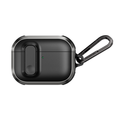 MAGEASY Odyssey rugged AirPods Pro 3 case in Metal Black, closed front view with secure latch and carabiner clip