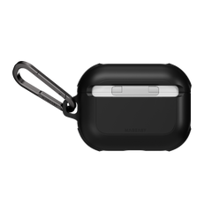 MAGEASY Odyssey rugged AirPods Pro 3 case in Metal Black, rear view showing hinge cover and carabiner attachment