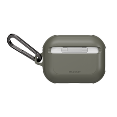 MAGEASY Odyssey outdoor AirPods Pro 3 case in Metal Green, rear view showing hinge cover and carabiner attachment