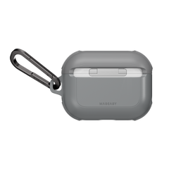 MAGEASY Odyssey protective AirPods Pro 3 case in Metal Mist, rear view showing hinge cover and carabiner attachment
