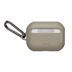 MAGEASY Odyssey shockproof AirPods Pro 3 cover in Metal Sand, rear view showing hinge cover and carabiner attachment