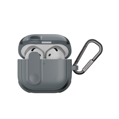 MAGEASY Odyssey AirPods 4 rugged case in Metal Blue Gray, open front view with magnetic lock and carabiner