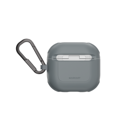 MAGEASY Odyssey AirPods 4 case in Metal Blue Gray, back view with hinge cover and carabiner clip