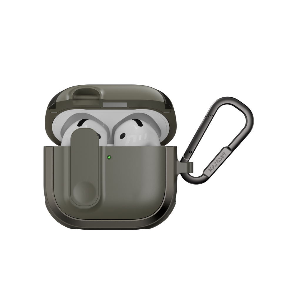 MAGEASY Odyssey AirPods 4 rugged case in Metal Green, open front view with magnetic lock and carabiner