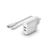 Load image into Gallery viewer, Belkin 24W Dual USB-A Wall Charger USB-A to C Cable - White