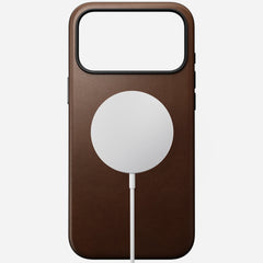 nomad modern leather case for iphone 17 pro brown leather grain closeup