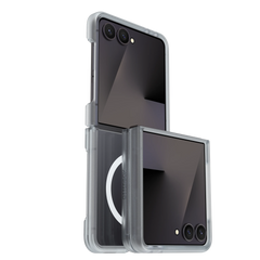 A clear protective case for a foldable smartphone, shown with the phone partially open and partially closed to demonstrate the transparent bumper and MagSafe-compatible ring design.