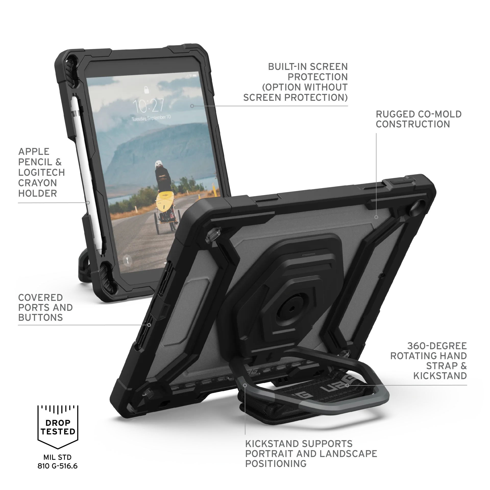 UAG Plasma Tough Case iPad 9 / 8 / 7 10.2 Kickstand & Handstrap - Black