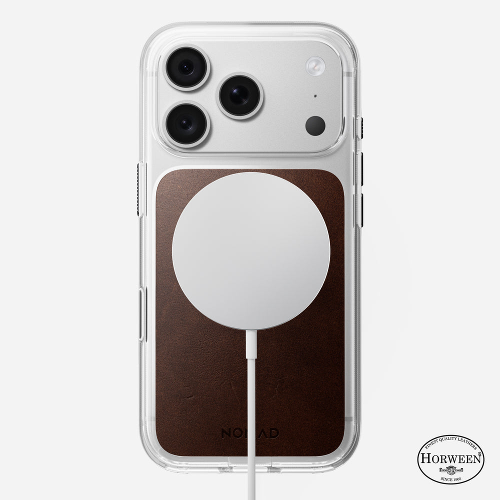 Clear + Leather Case for iPhone 18 Pro 6.3 in Rustic Brown Horween - Nomad