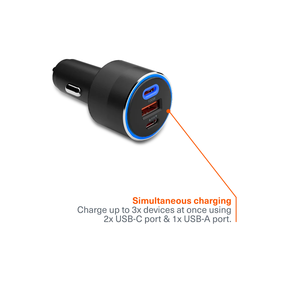 Cygnett 100W PD Car Charger USB-C For Laptop / Starlink / Tablet / Phone - Black