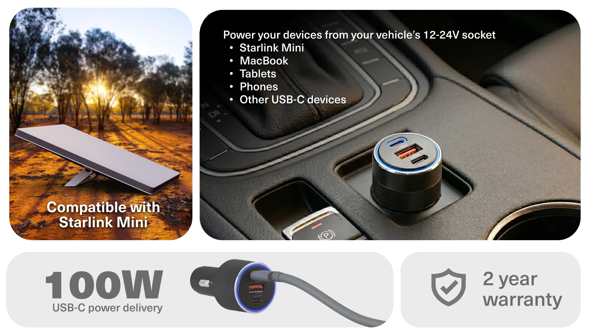 Cygnett 100W PD Car Charger USB-C For Laptop / Starlink / Tablet / Phone - Black