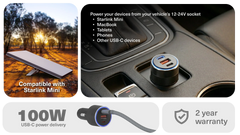 Cygnett 100W PD Car Charger USB-C For Laptop / Starlink / Tablet / Phone - Black