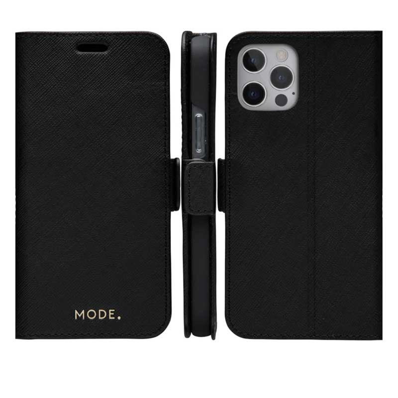 Dbramante1928 Milano Saffiano Leather Folio Case iPhone 12 / 12 Pro Night Black with FREE SCREEN GUARD