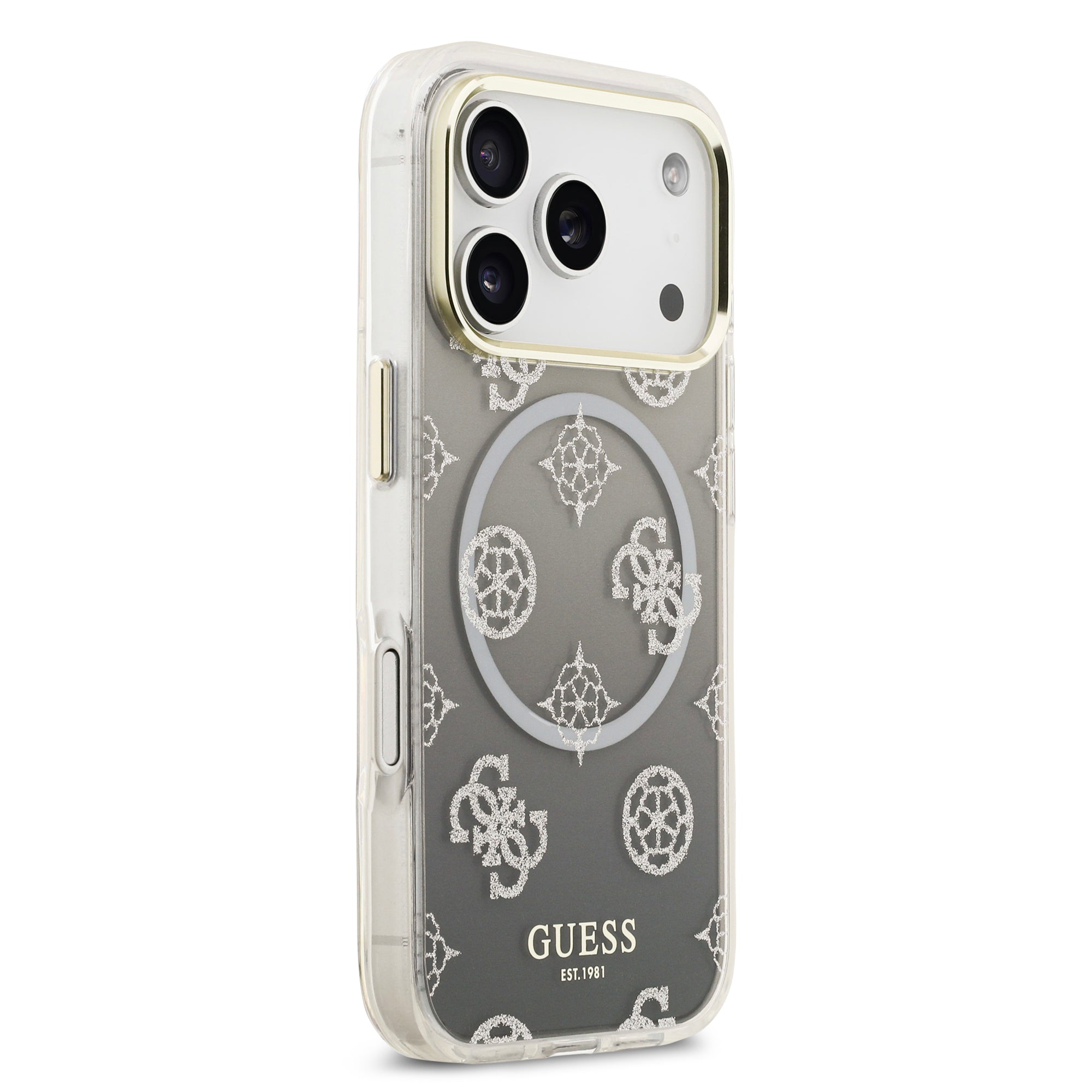 guess glitter case for iphone 17 pro grey angle view