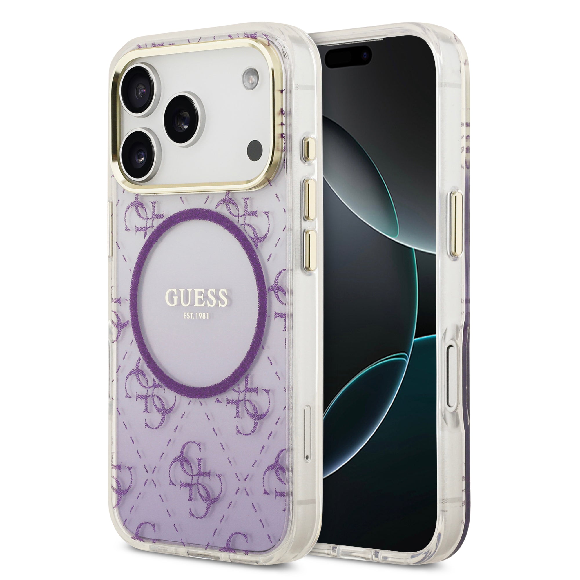 guess glitter case for iphone 17 pro purple front view