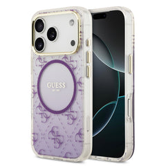 guess glitter case for iphone 17 pro purple front view
