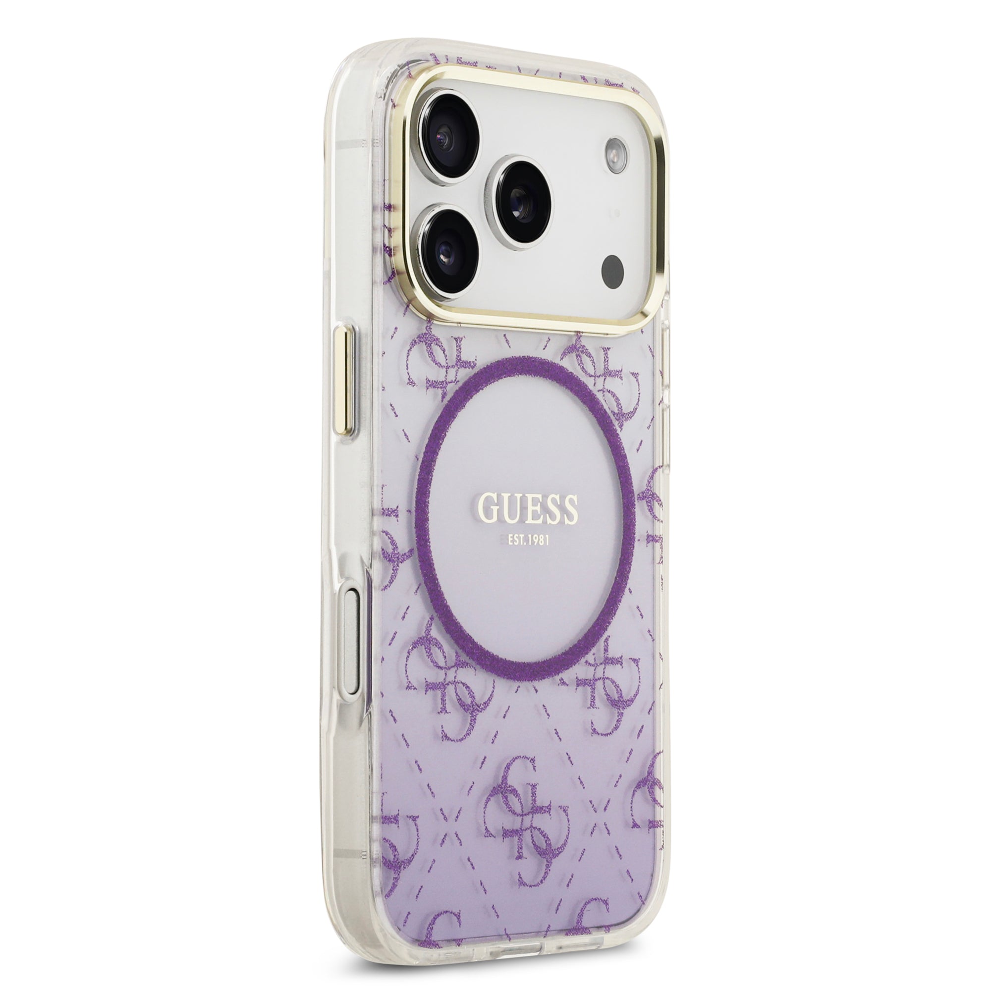 guess glitter case for iphone 17 pro purple angle view
