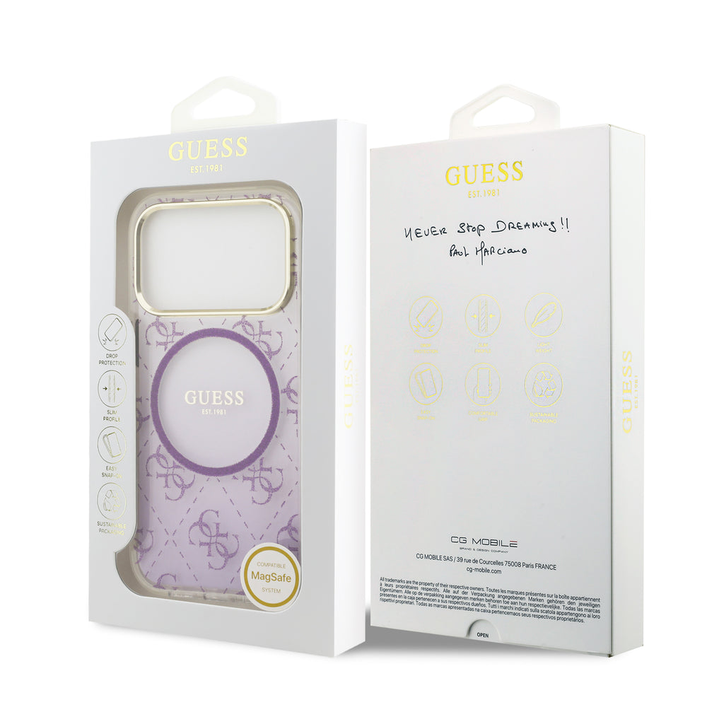 guess glitter case for iphone 17 pro purple edge detail