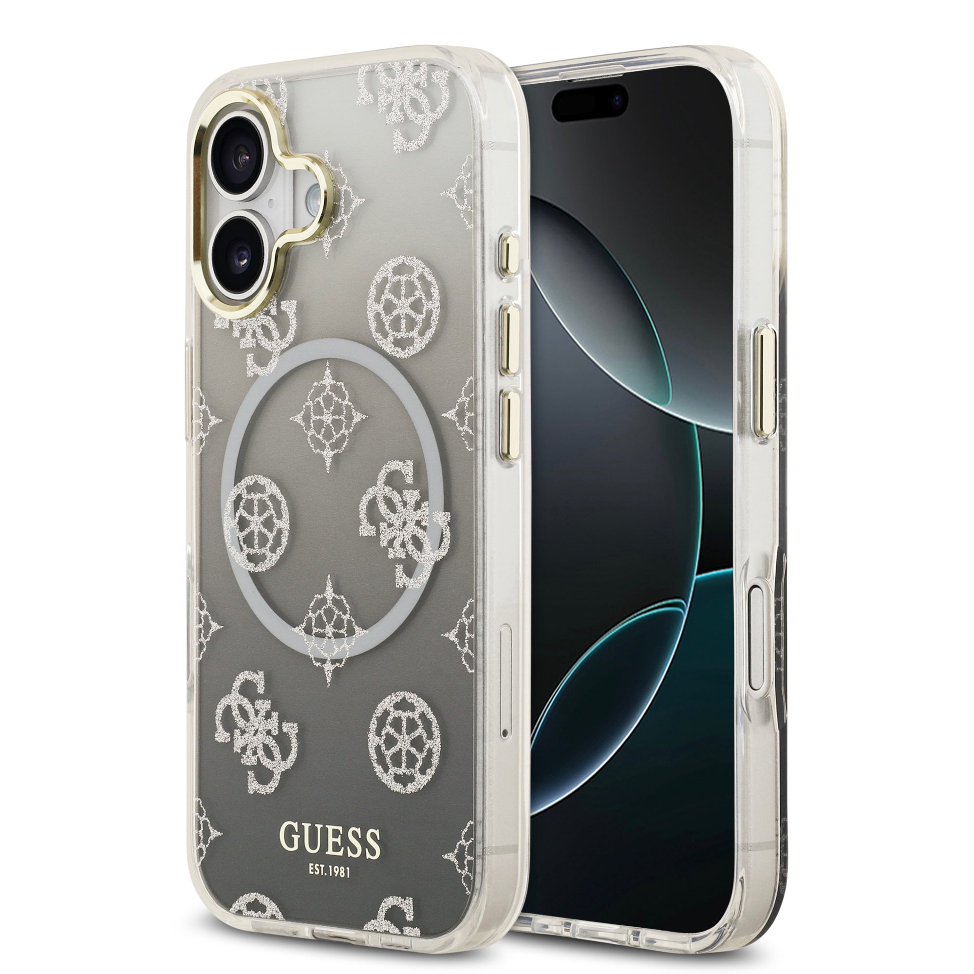 guess glitter case for iphone 17 standard grey front view