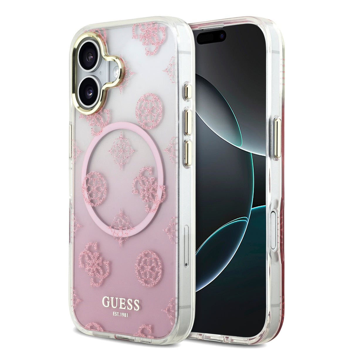 guess glitter case for iphone 17 standard pink front view