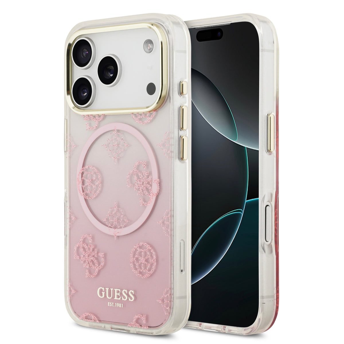 guess glitter case for iphone 17 pro max pink front view