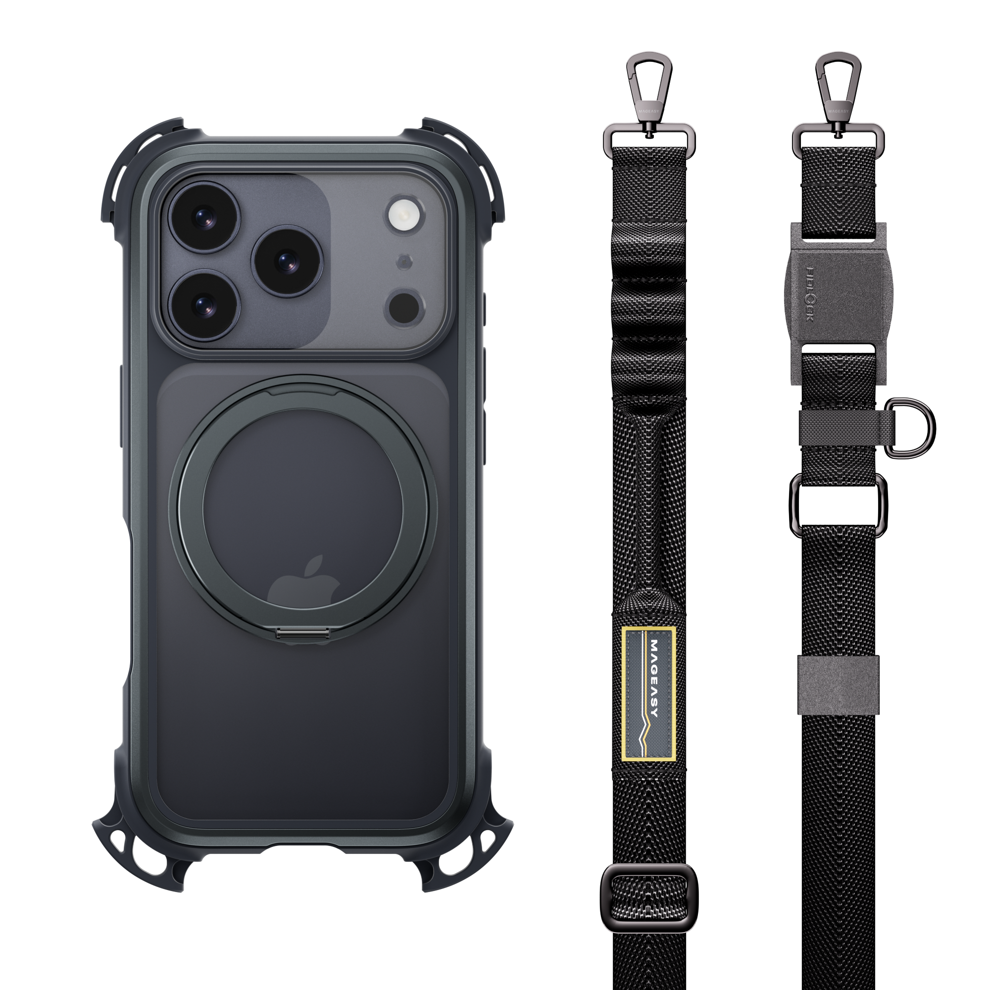 Mageasy Odyssey Ultra M 360 Tough Case & Stand & Lanyard for iPhone 17 Pro - Midnight Black