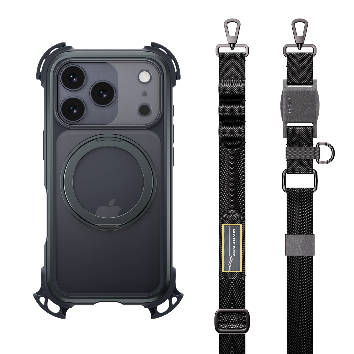 Mageasy Odyssey Ultra M 360 Tough Case & Stand & Lanyard for iPhone 17 Pro - Midnight Black