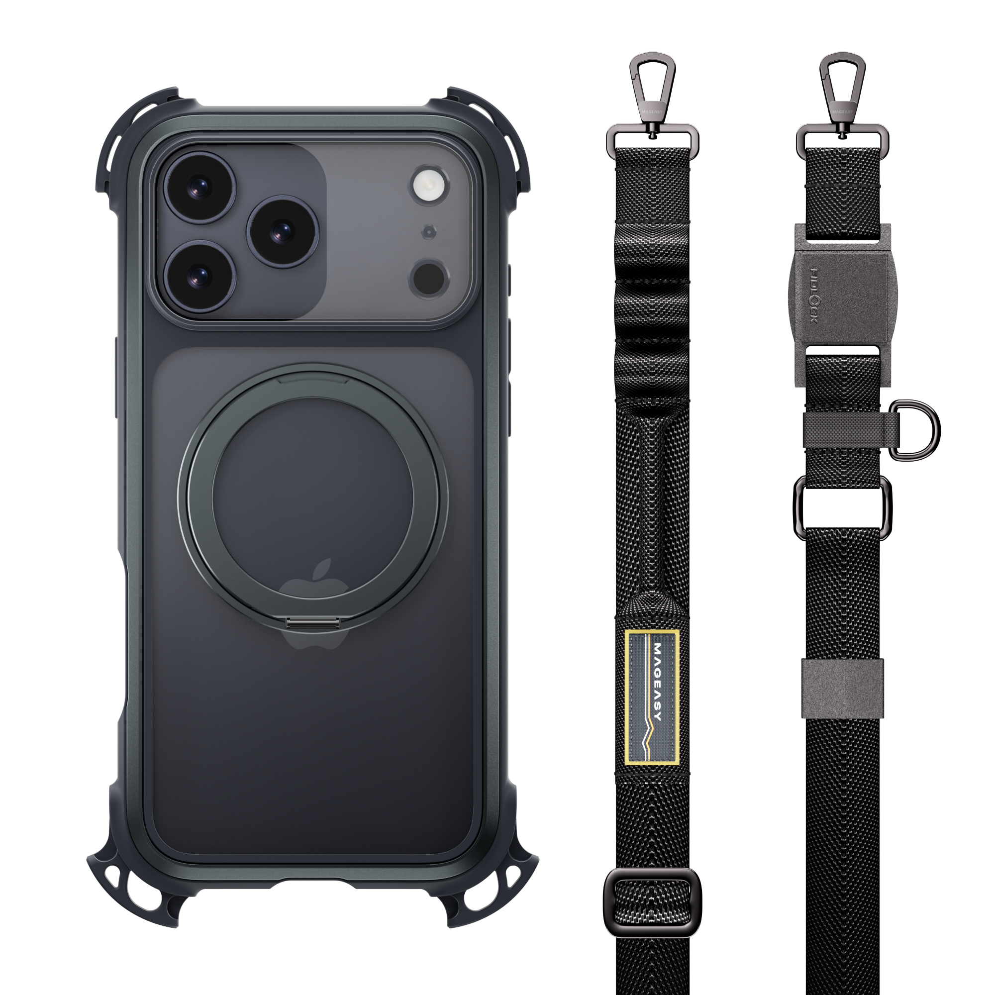 Mageasy Odyssey Ultra M 360 Tough Case & Stand & Lanyard for iPhone 17 Pro Max -Midnight Black