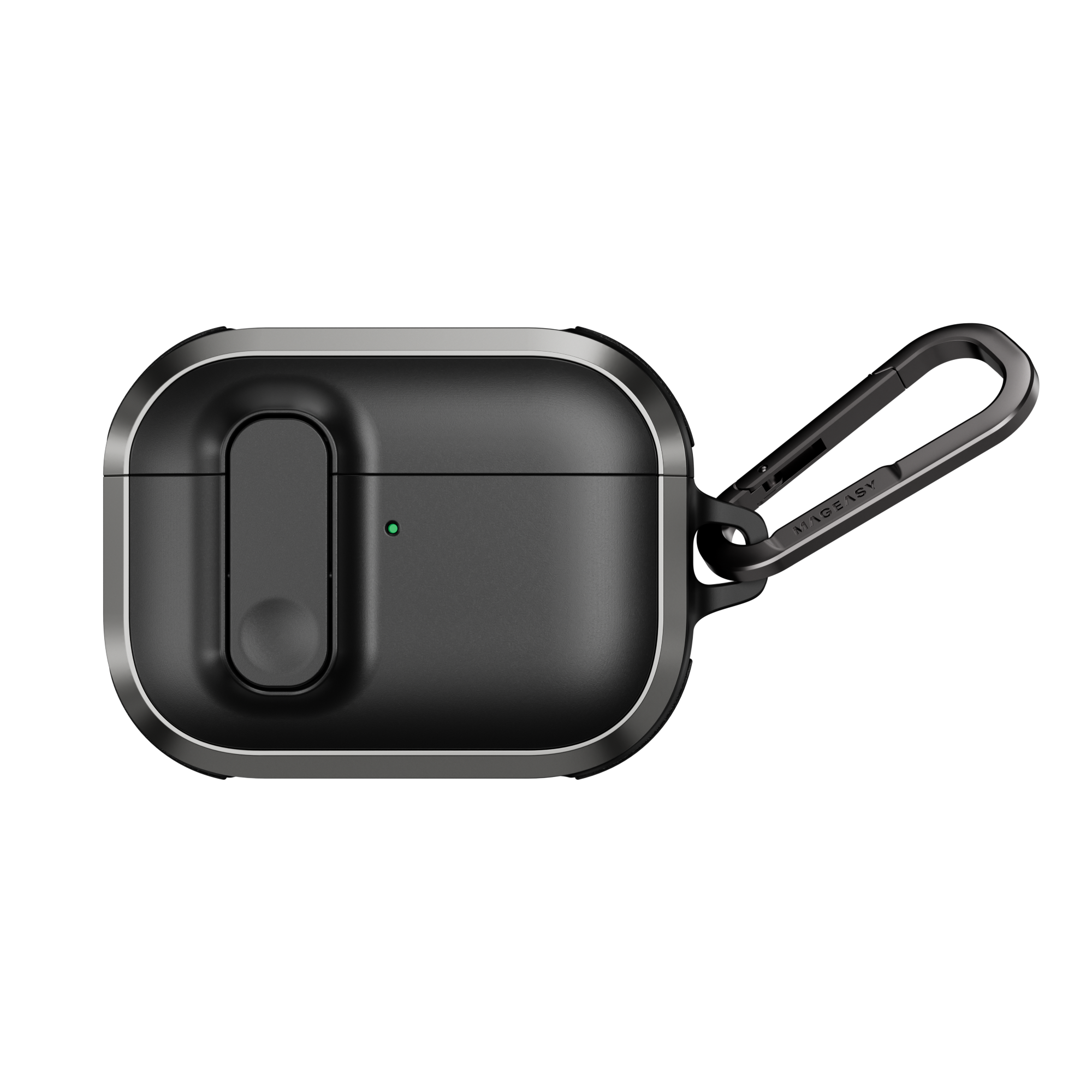 MAGEASY Odyssey rugged AirPods Pro 3 case in Metal Black, closed front view with secure latch and carabiner clip