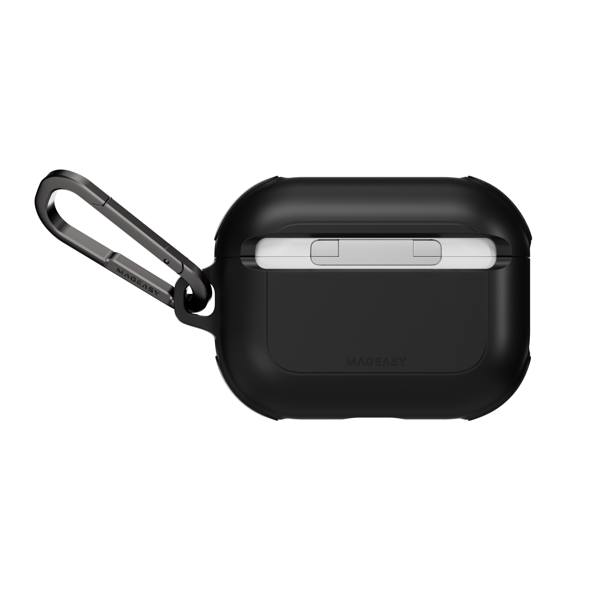 MAGEASY Odyssey rugged AirPods Pro 3 case in Metal Black, rear view showing hinge cover and carabiner attachment