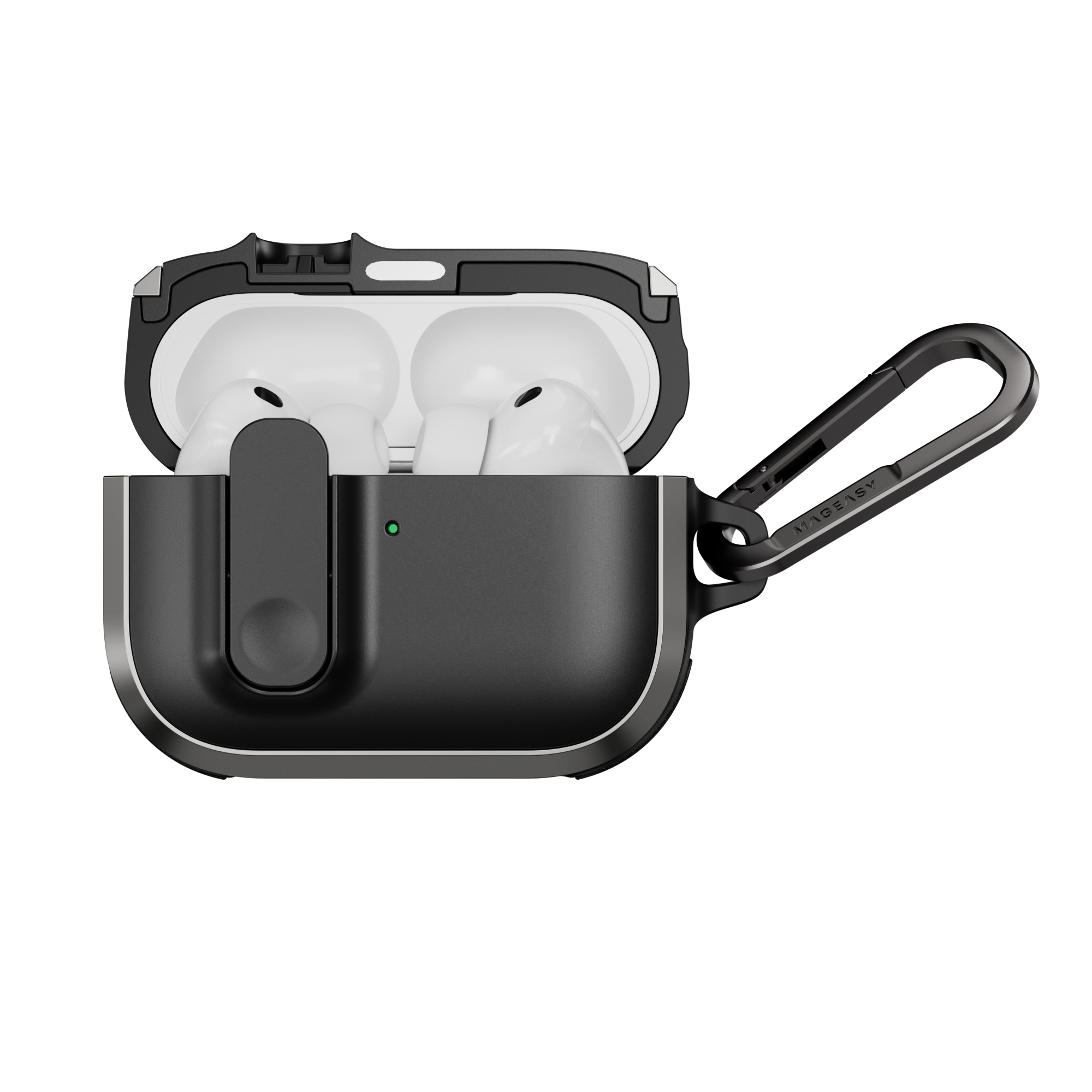 MAGEASY Odyssey rugged AirPods Pro 3 case in Metal Black, open case with AirPods visible and magnetic closure design