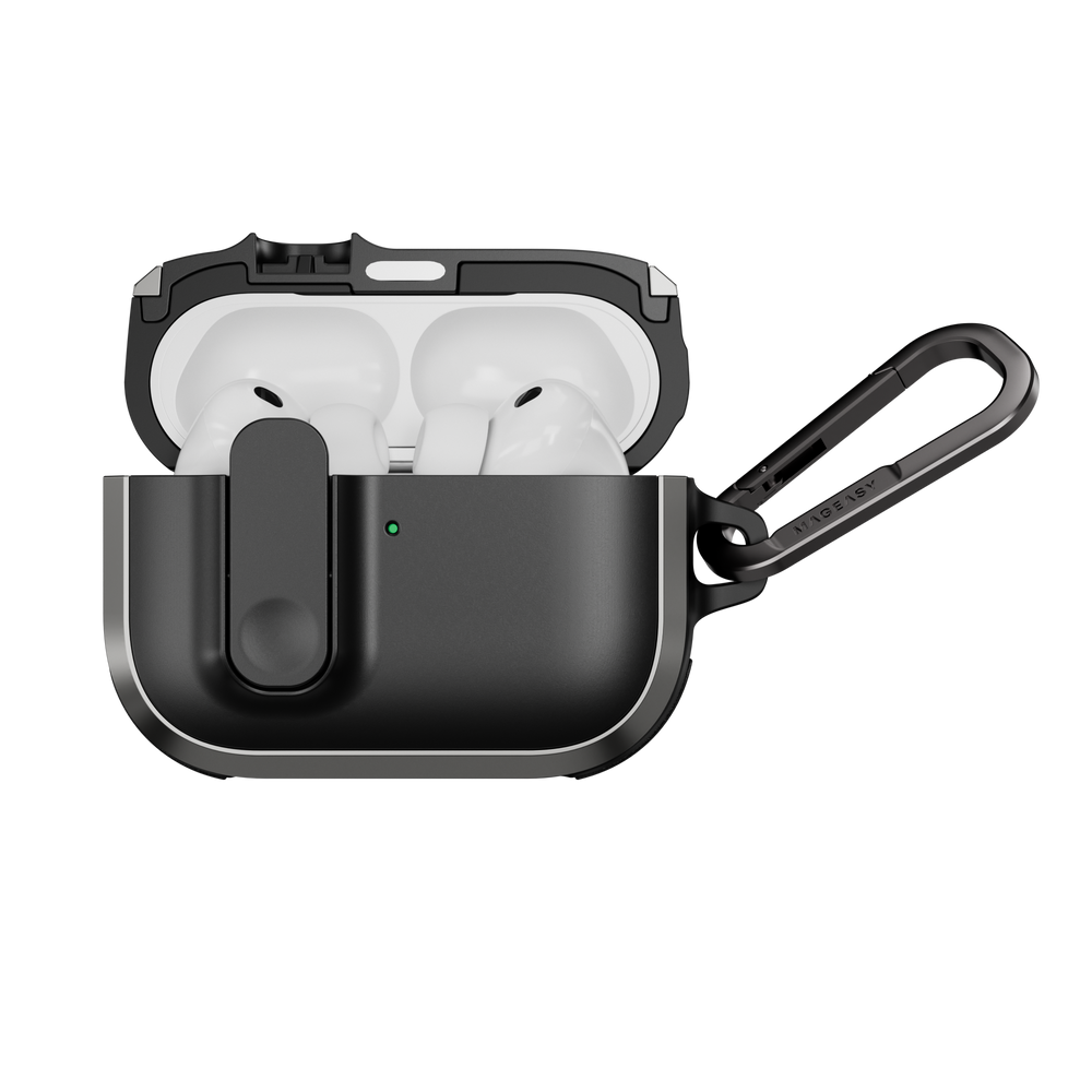 MAGEASY Odyssey rugged AirPods Pro 3 case in Metal Black, open case with AirPods visible and magnetic closure design
