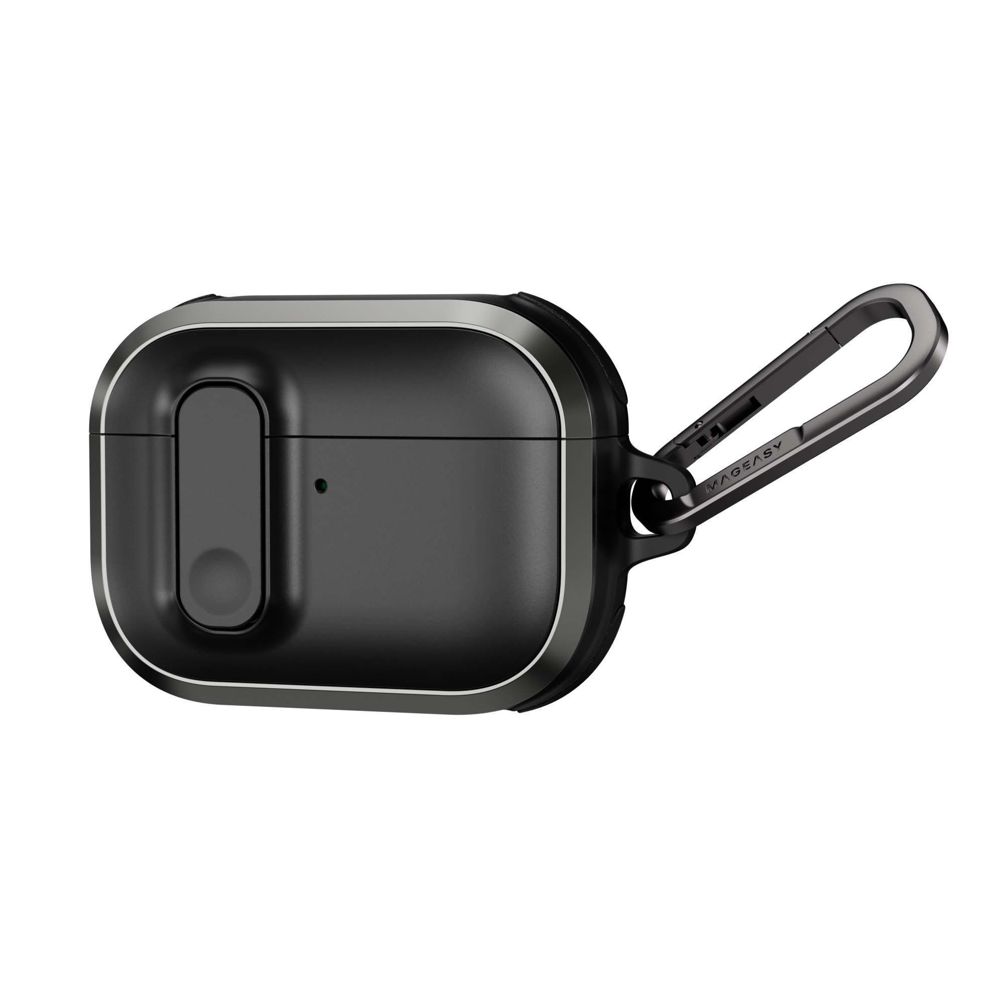 MAGEASY Odyssey rugged AirPods Pro 3 case in Metal Black, angled closed view with aluminum frame and clip