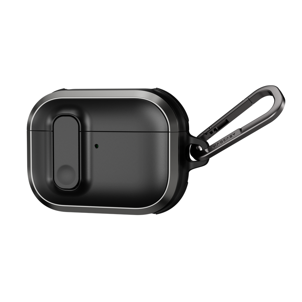 MAGEASY Odyssey rugged AirPods Pro 3 case in Metal Black, angled closed view with aluminum frame and clip
