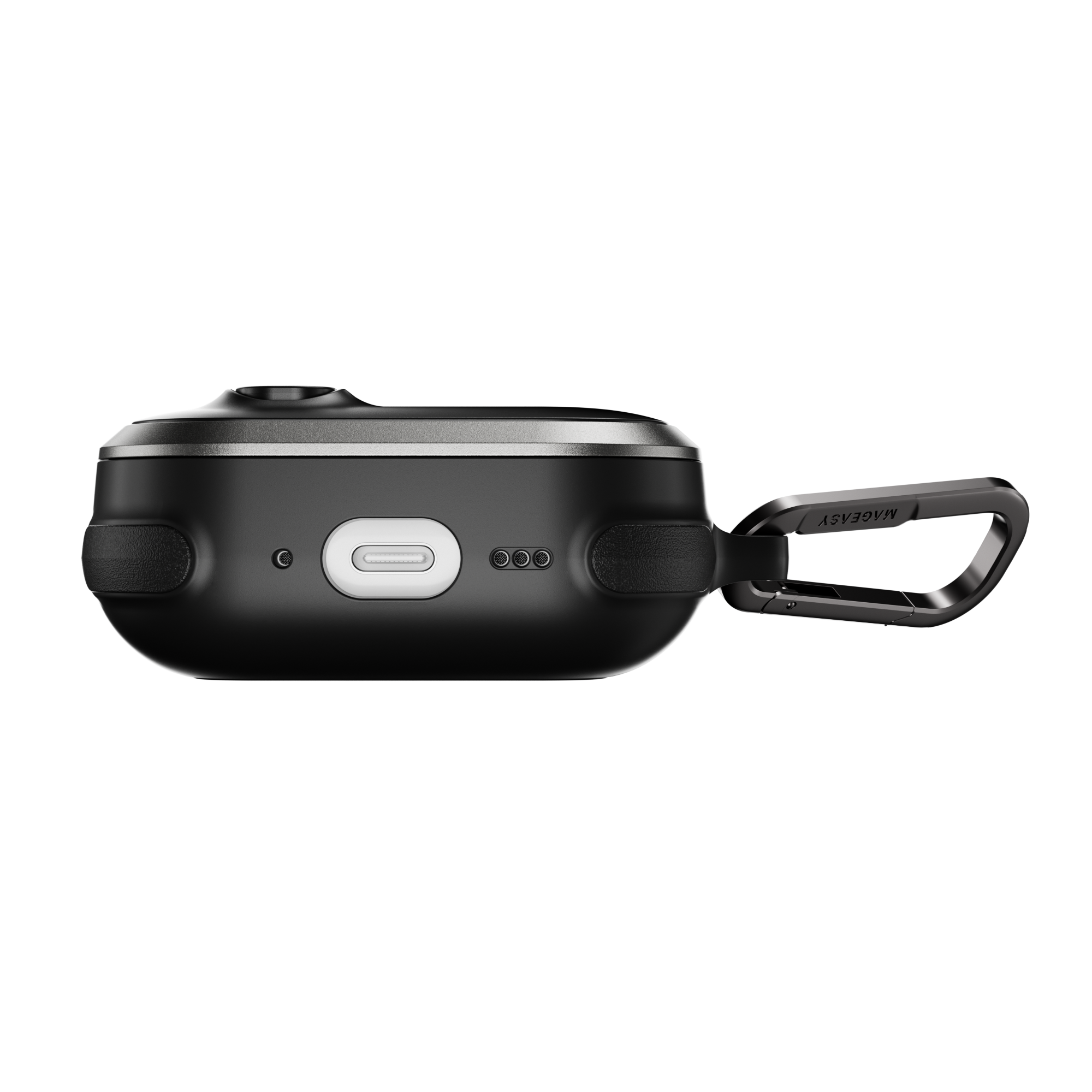 MAGEASY Odyssey rugged AirPods Pro 3 case in Metal Black, bottom view showing charging port access and speaker openings