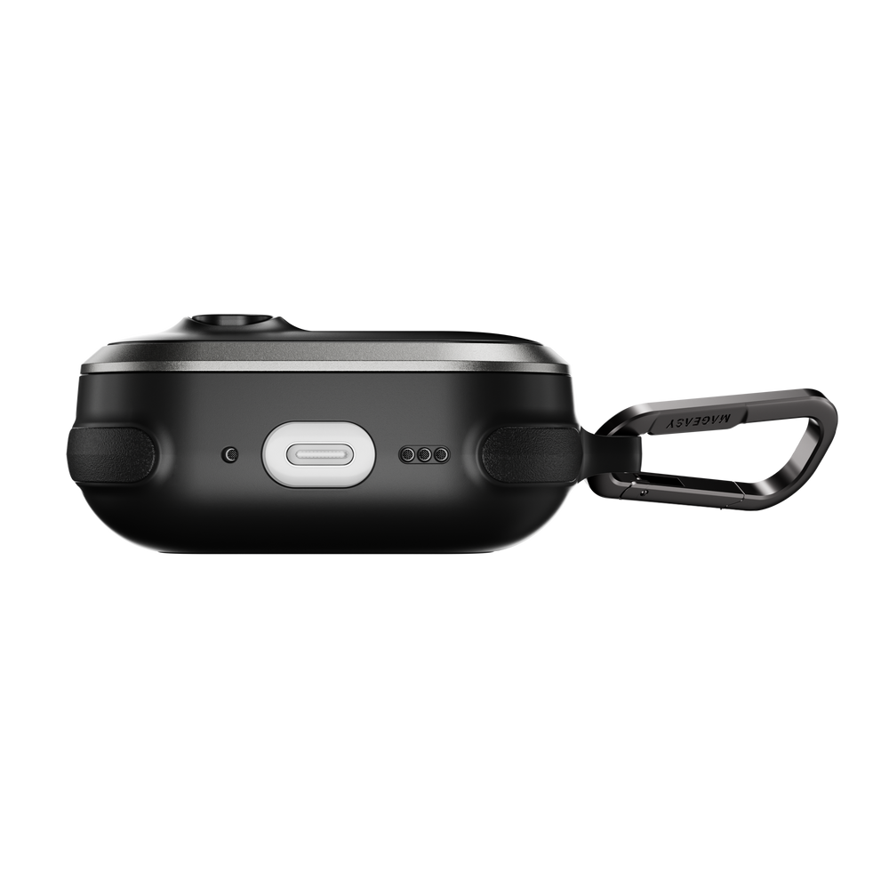 MAGEASY Odyssey rugged AirPods Pro 3 case in Metal Black, bottom view showing charging port access and speaker openings