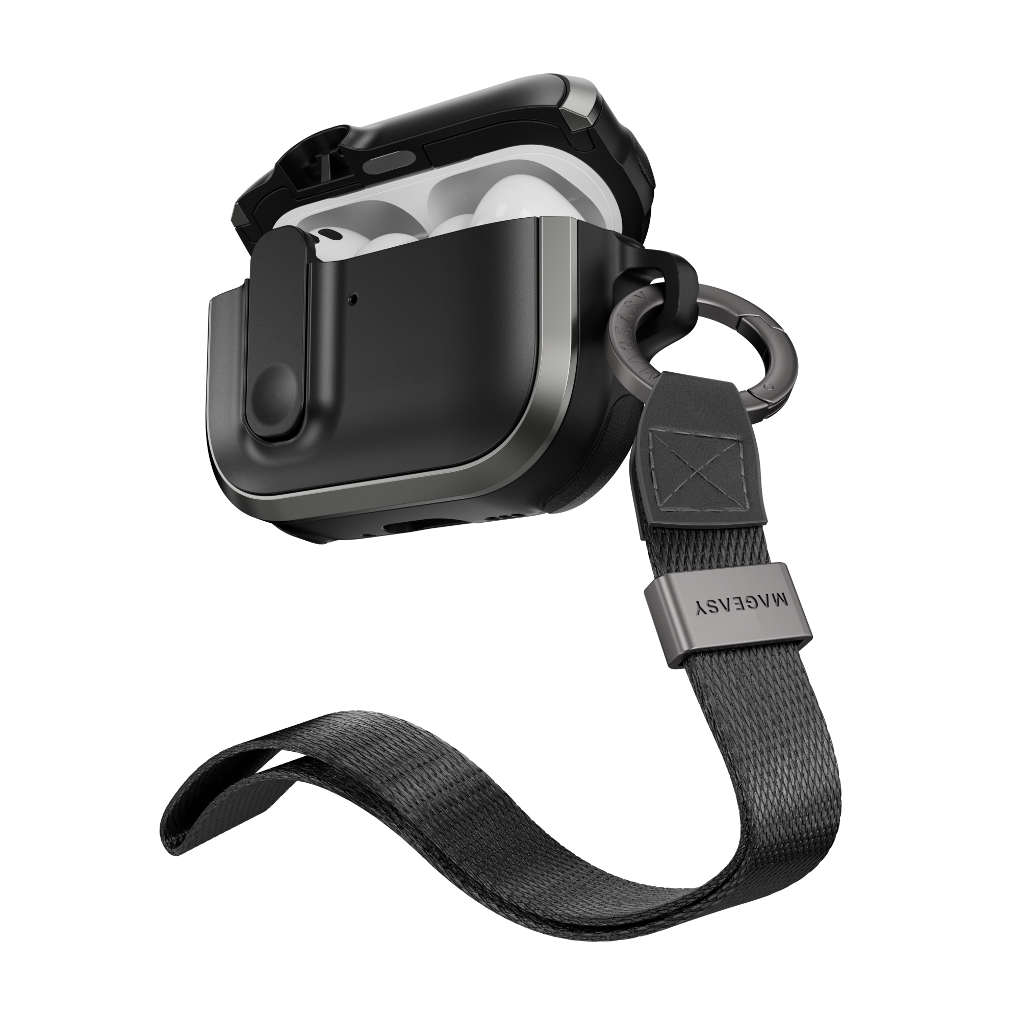 MAGEASY Odyssey rugged AirPods Pro 3 case in Metal Black, open angled view with wrist strap and carabiner for travel carry