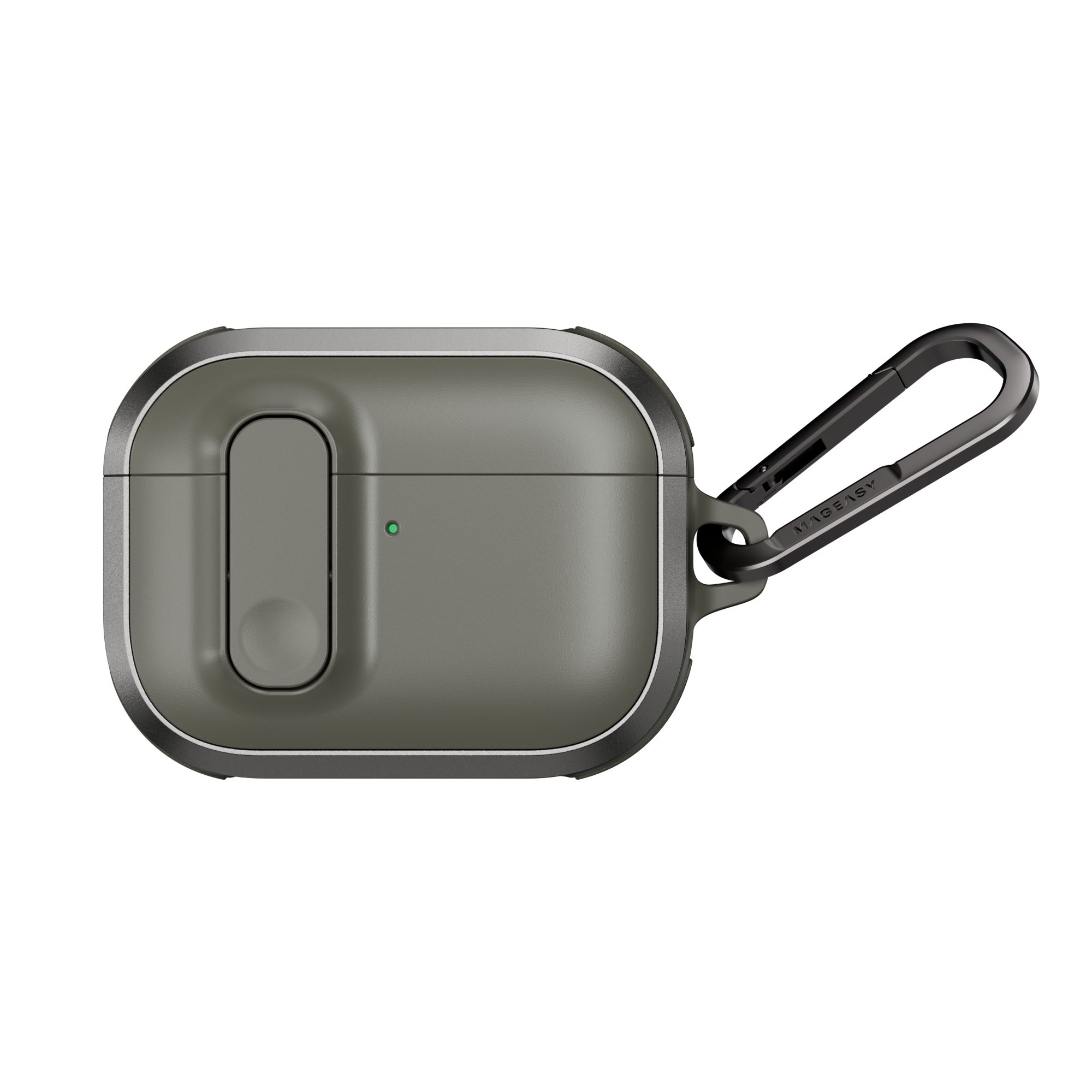 MAGEASY Odyssey outdoor AirPods Pro 3 case in Metal Green, closed front view with secure latch and carabiner clip