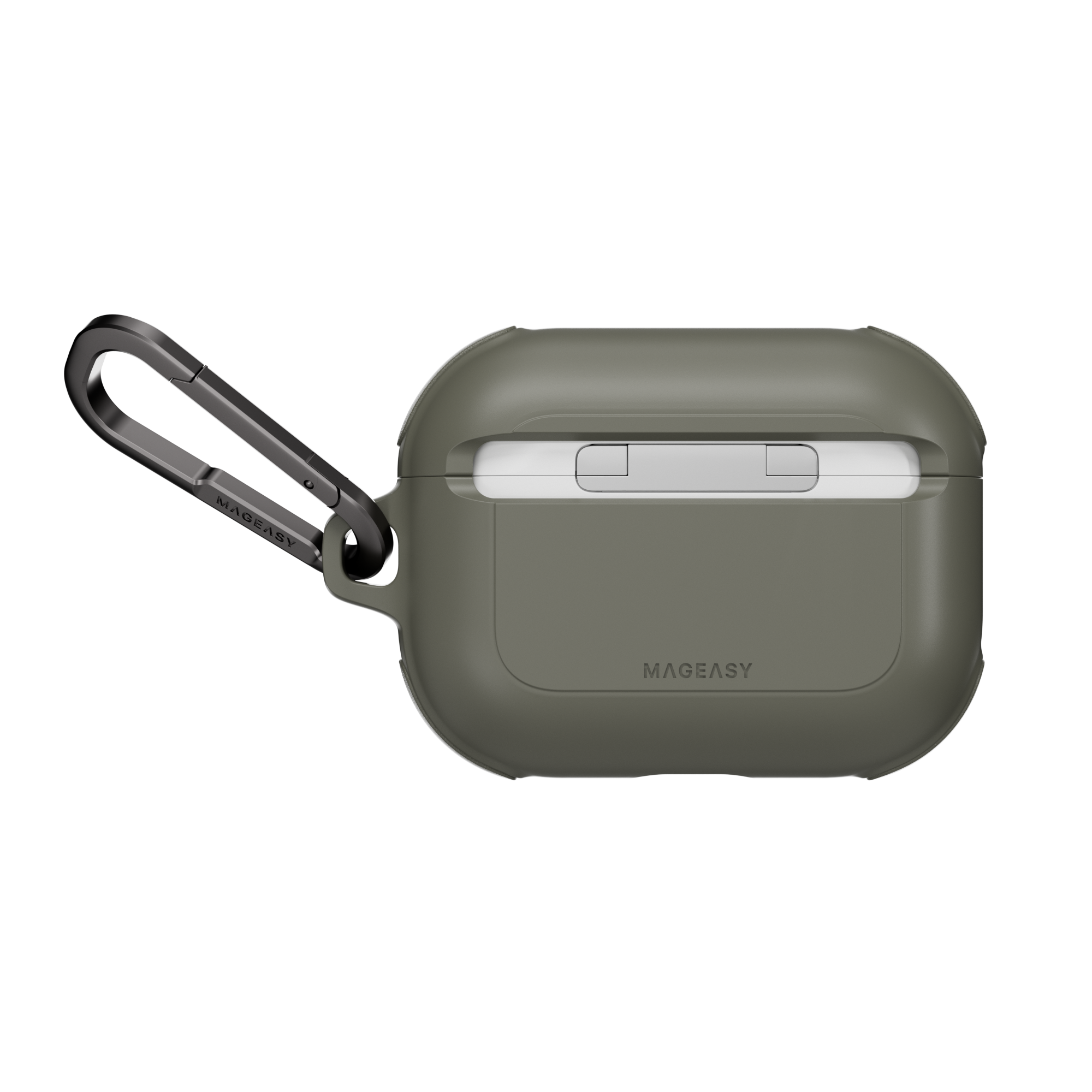 MAGEASY Odyssey outdoor AirPods Pro 3 case in Metal Green, rear view showing hinge cover and carabiner attachment