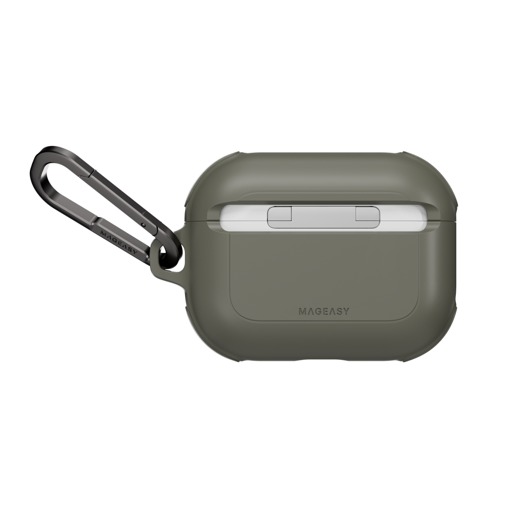 MAGEASY Odyssey outdoor AirPods Pro 3 case in Metal Green, rear view showing hinge cover and carabiner attachment