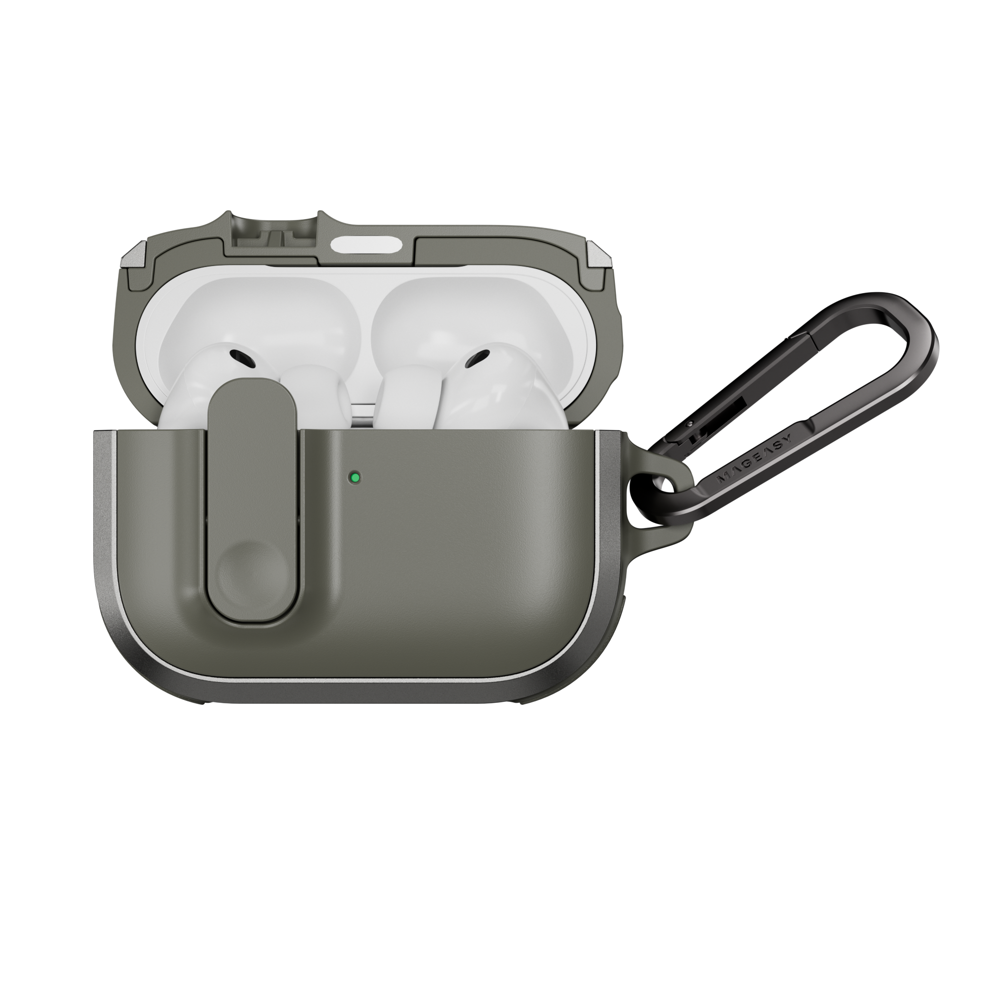 MAGEASY Odyssey outdoor AirPods Pro 3 case in Metal Green, open case with AirPods visible and magnetic closure design