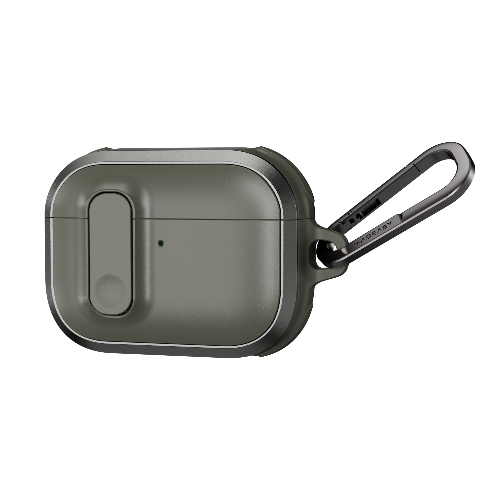MAGEASY Odyssey outdoor AirPods Pro 3 case in Metal Green, angled closed view with aluminum frame and clip