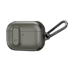MAGEASY Odyssey outdoor AirPods Pro 3 case in Metal Green, angled closed view with aluminum frame and clip