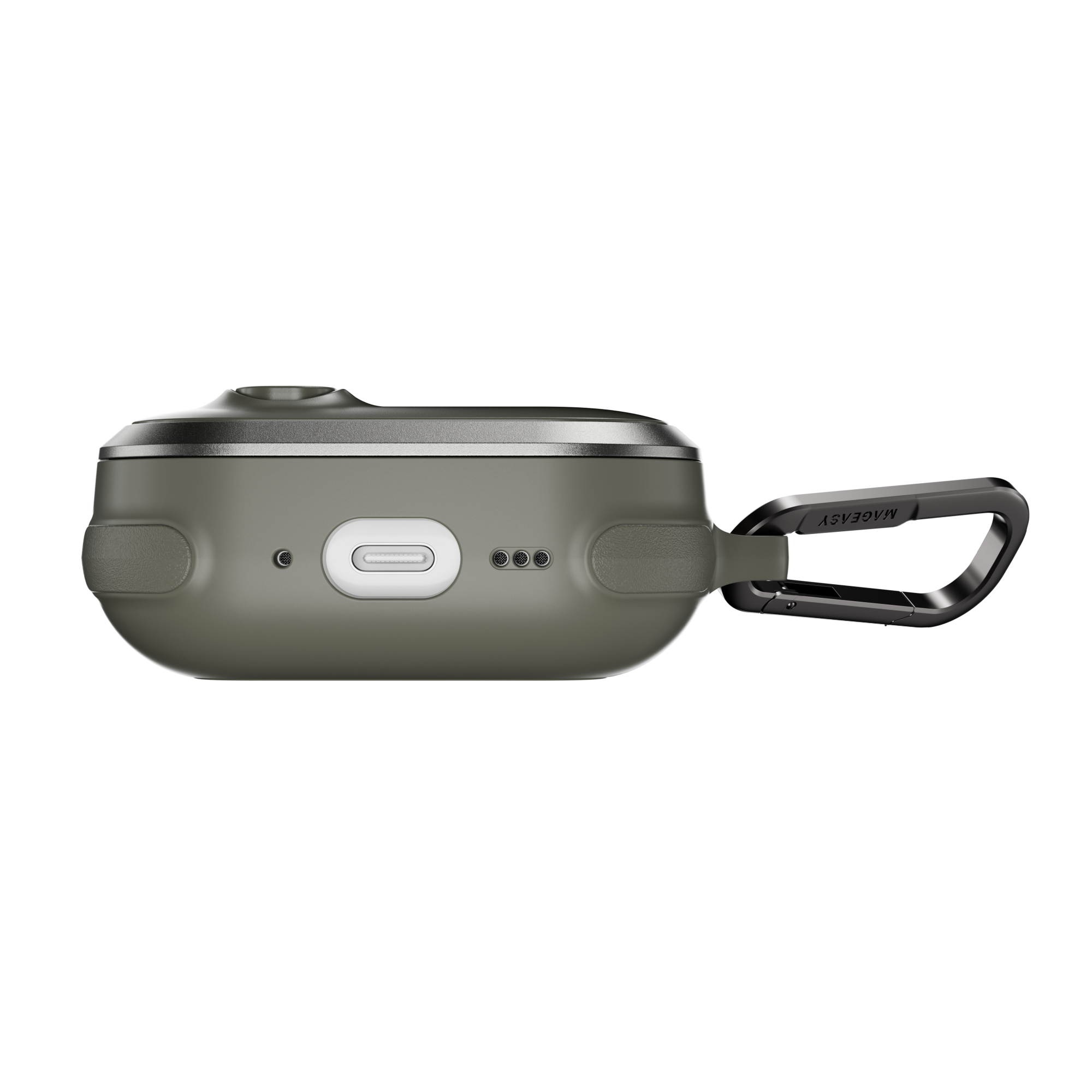 MAGEASY Odyssey outdoor AirPods Pro 3 case in Metal Green, bottom view showing charging port access and speaker openings