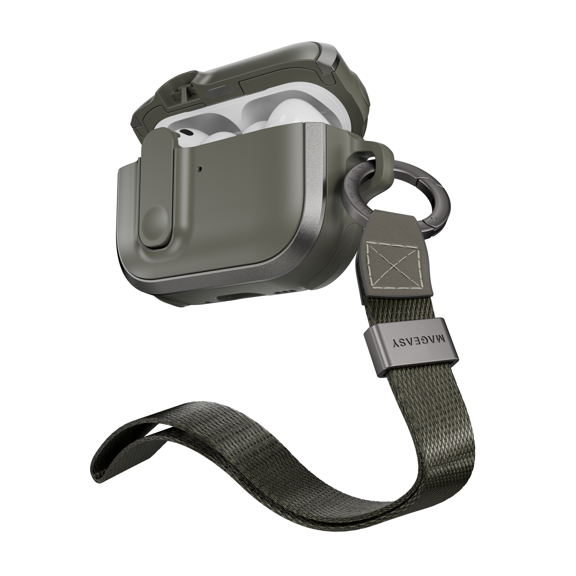 MAGEASY Odyssey outdoor AirPods Pro 3 case in Metal Green, open angled view with wrist strap and carabiner for travel carry