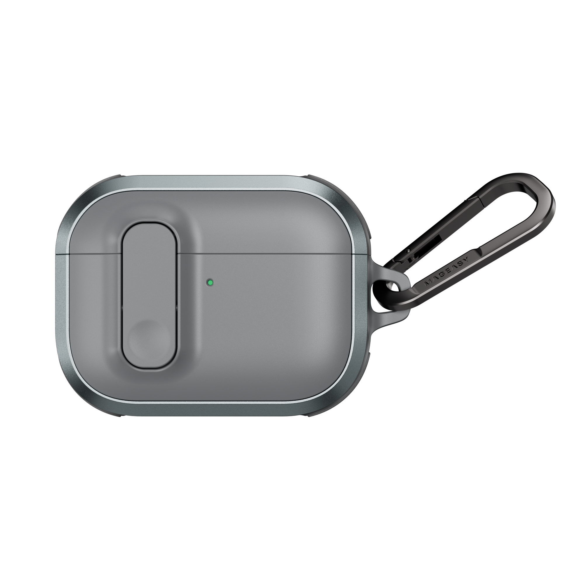 MAGEASY Odyssey protective AirPods Pro 3 case in Metal Mist, closed front view with secure latch and carabiner clip