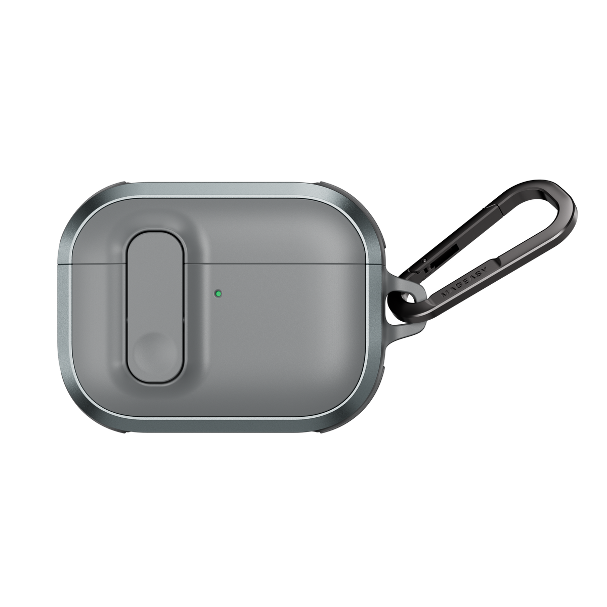 MAGEASY Odyssey protective AirPods Pro 3 case in Metal Mist, closed front view with secure latch and carabiner clip