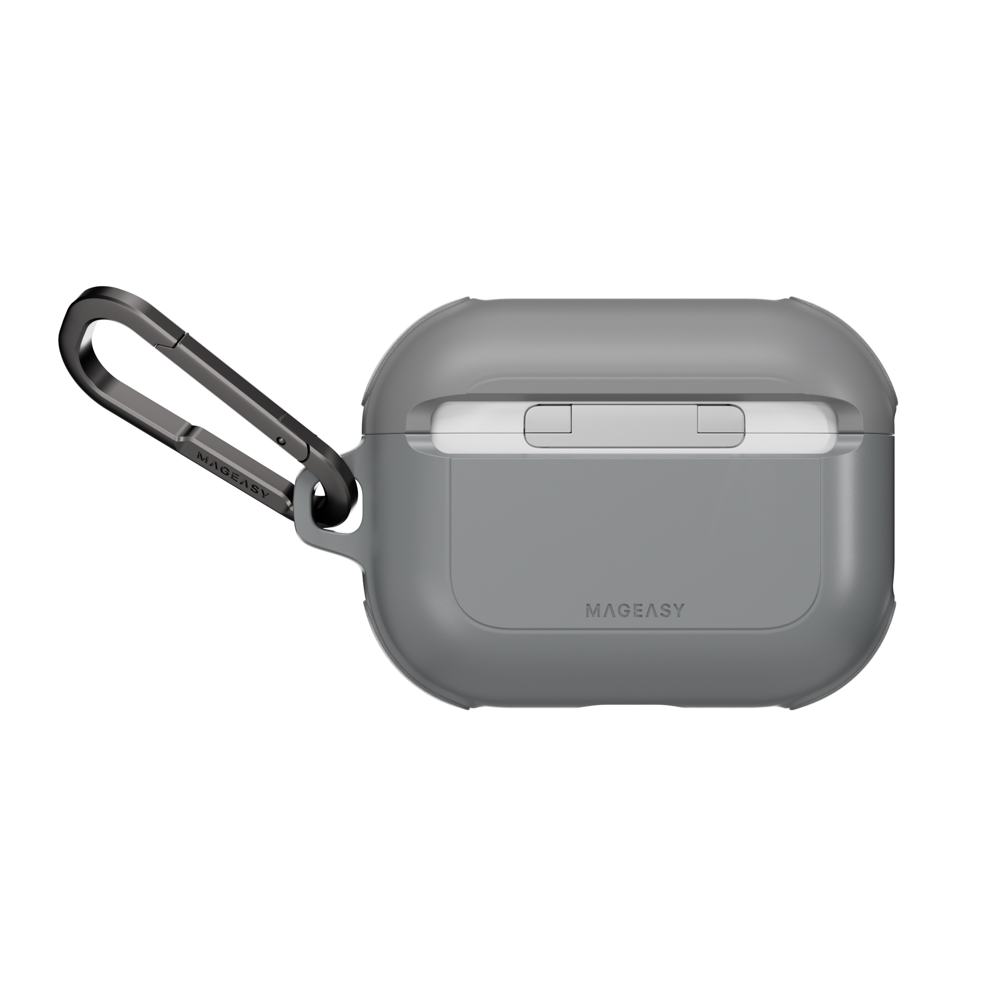 MAGEASY Odyssey protective AirPods Pro 3 case in Metal Mist, rear view showing hinge cover and carabiner attachment