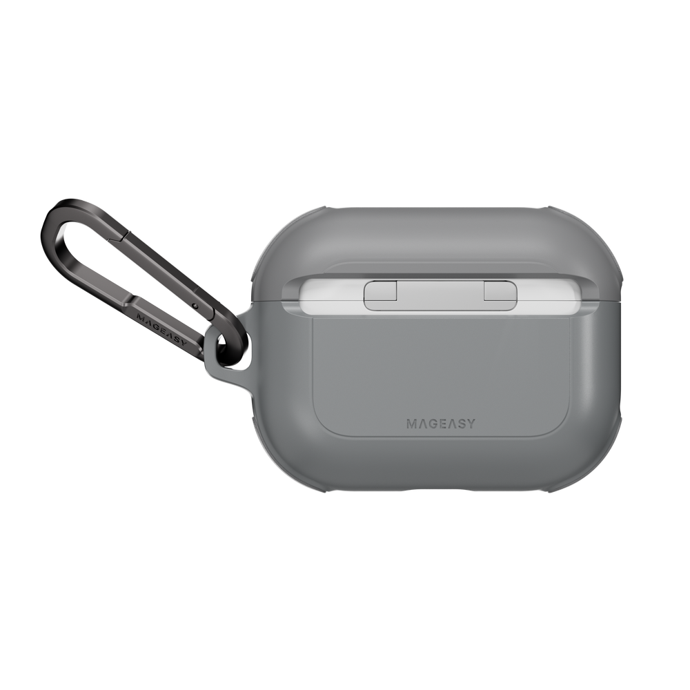 MAGEASY Odyssey protective AirPods Pro 3 case in Metal Mist, rear view showing hinge cover and carabiner attachment