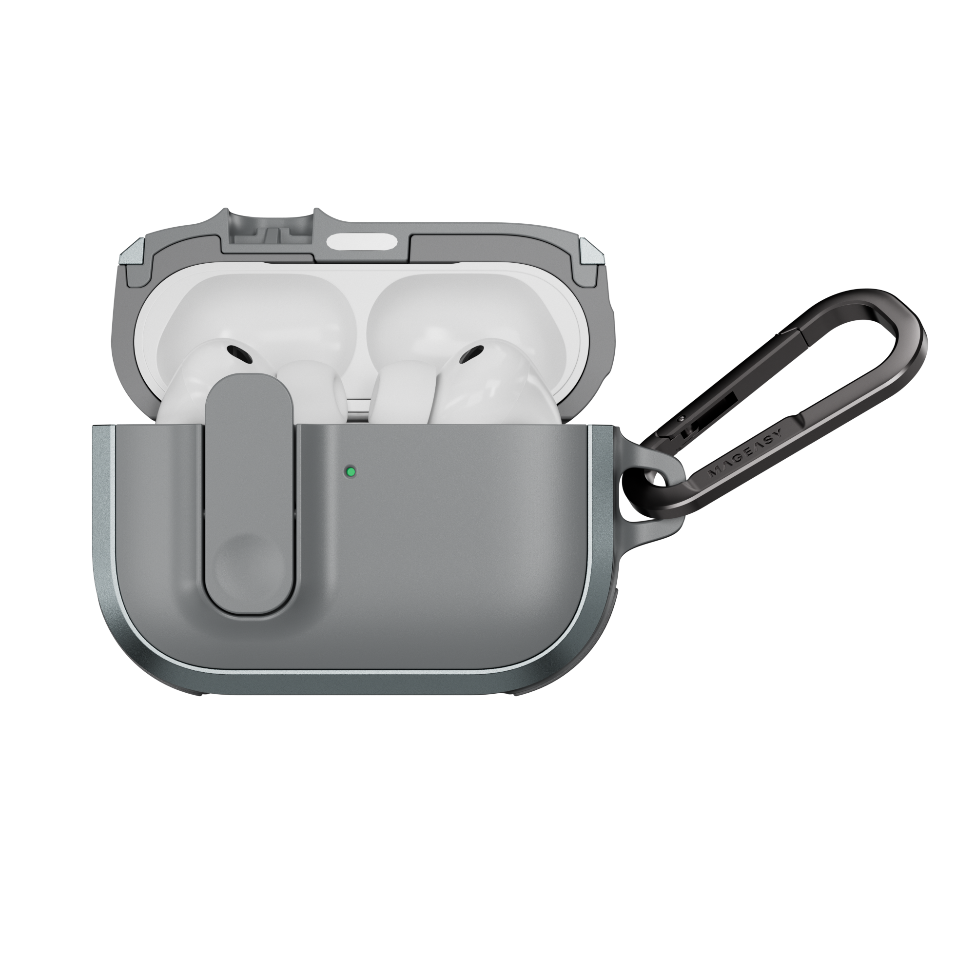 MAGEASY Odyssey protective AirPods Pro 3 case in Metal Mist, open case with AirPods visible and magnetic closure design